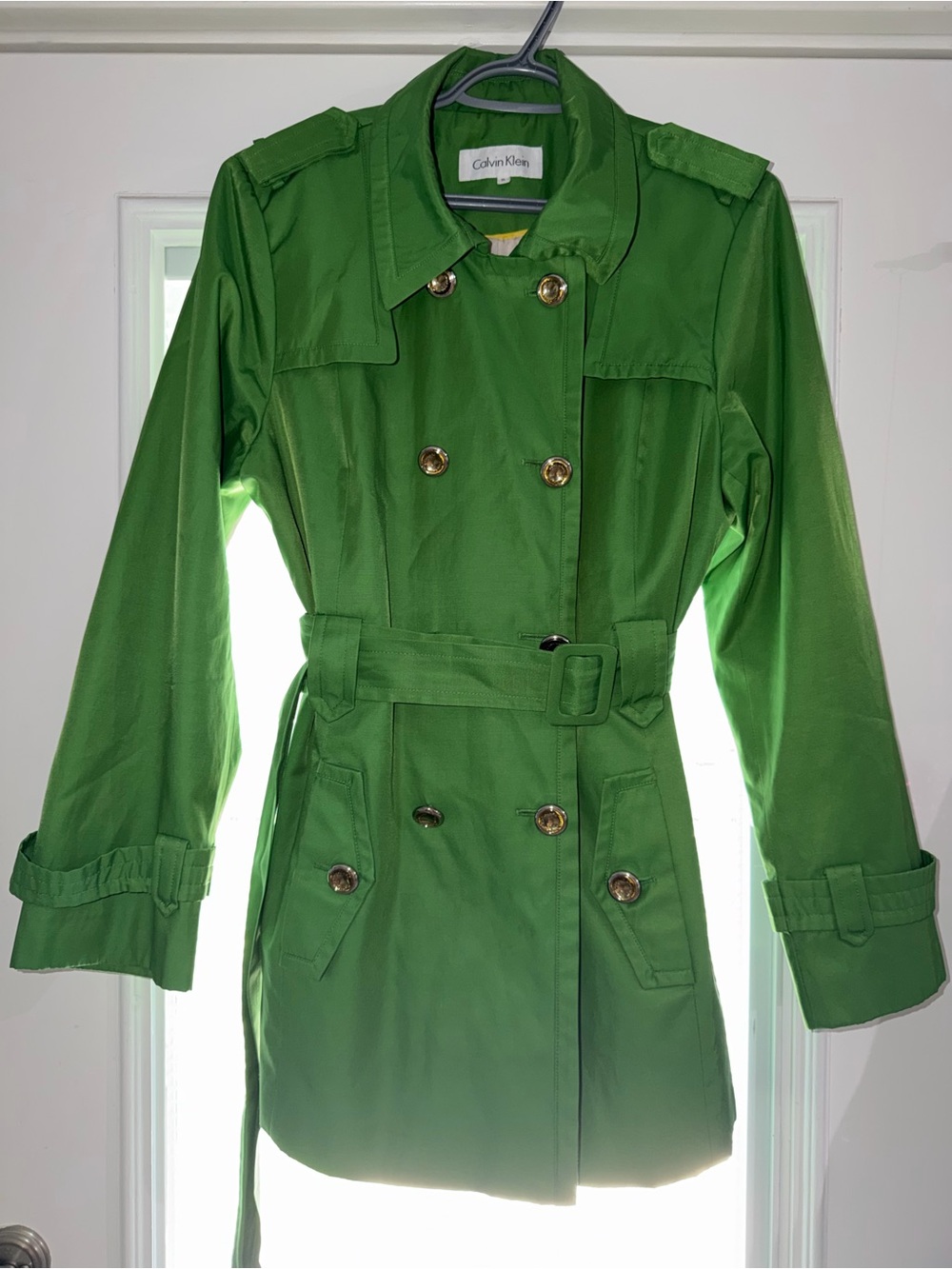 Calvin Klein Bright Green Double-Breasted Trench with Belt